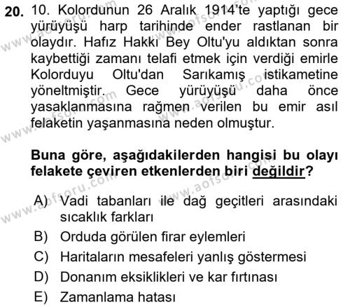 Birinci Dünya Savaşı’nda Türk Cepheleri Dersi 2021 - 2022 Yılı (Vize) Ara Sınavı 20. Soru