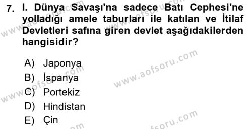 Birinci Dünya Savaşı’nda Türk Cepheleri Dersi 2021 - 2022 Yılı (Vize) Ara Sınavı 7. Soru