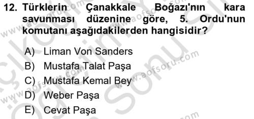 Birinci Dünya Savaşı’nda Türk Cepheleri Dersi 2021 - 2022 Yılı (Final) Dönem Sonu Sınavı 12. Soru