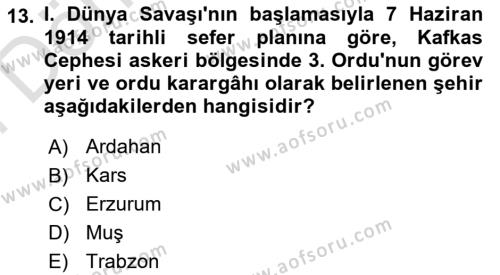 Birinci Dünya Savaşı’nda Türk Cepheleri Dersi 2021 - 2022 Yılı (Final) Dönem Sonu Sınavı 13. Soru