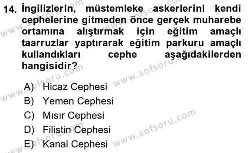 Birinci Dünya Savaşı’nda Türk Cepheleri Dersi 2021 - 2022 Yılı (Final) Dönem Sonu Sınavı 14. Soru