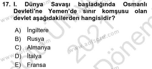 Birinci Dünya Savaşı’nda Türk Cepheleri Dersi 2021 - 2022 Yılı (Final) Dönem Sonu Sınavı 17. Soru