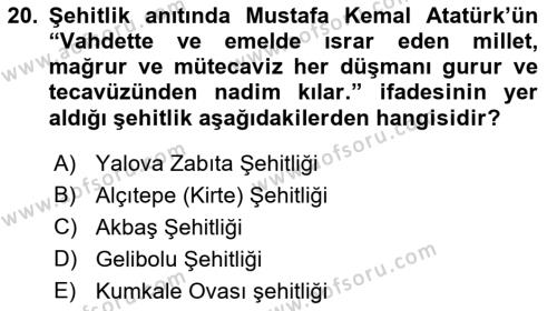 Birinci Dünya Savaşı’nda Türk Cepheleri Dersi 2021 - 2022 Yılı (Final) Dönem Sonu Sınavı 20. Soru