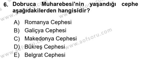 Birinci Dünya Savaşı’nda Türk Cepheleri Dersi 2021 - 2022 Yılı (Final) Dönem Sonu Sınavı 6. Soru