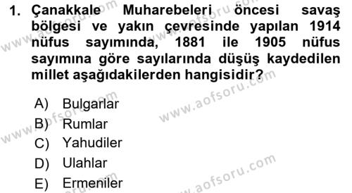 Birinci Dünya Savaşı’nda Türk Cepheleri Dersi 2021 - 2022 Yılı Yaz Okulu Sınavı 1. Soru