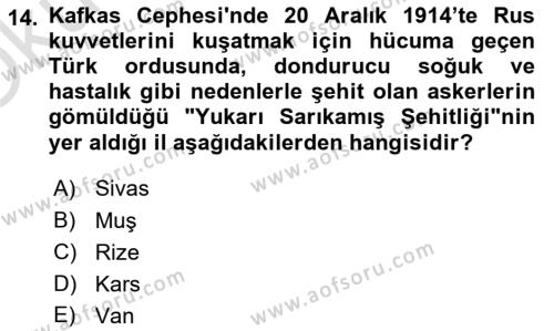 Birinci Dünya Savaşı’nda Türk Cepheleri Dersi 2021 - 2022 Yılı Yaz Okulu Sınavı 14. Soru