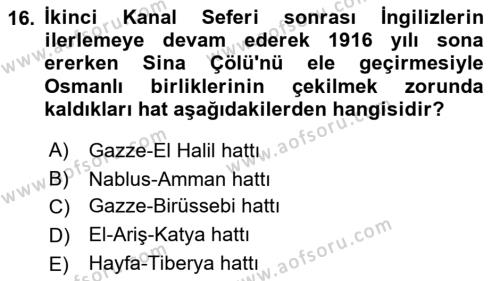 Birinci Dünya Savaşı’nda Türk Cepheleri Dersi 2021 - 2022 Yılı Yaz Okulu Sınavı 16. Soru