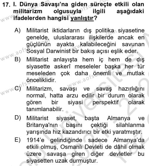 Birinci Dünya Savaşı’nda Türk Cepheleri Dersi 2021 - 2022 Yılı Yaz Okulu Sınavı 17. Soru