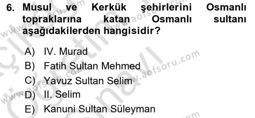 Birinci Dünya Savaşı’nda Türk Cepheleri Dersi 2021 - 2022 Yılı Yaz Okulu Sınavı 6. Soru