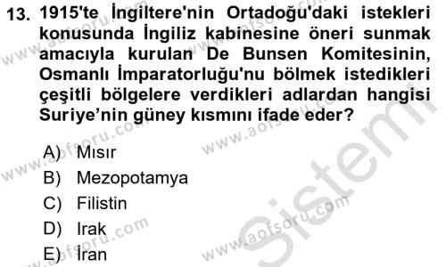 Birinci Dünya Savaşı’nda Türk Cepheleri Dersi 2022 - 2023 Yılı Yaz Okulu Sınavı 13. Soru