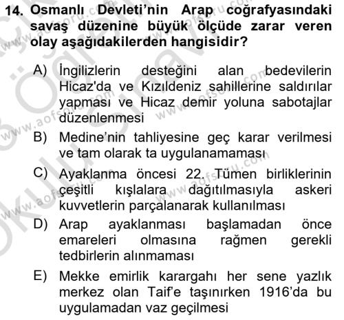 Birinci Dünya Savaşı’nda Türk Cepheleri Dersi 2022 - 2023 Yılı Yaz Okulu Sınavı 14. Soru