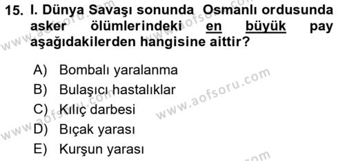 Birinci Dünya Savaşı’nda Türk Cepheleri Dersi 2022 - 2023 Yılı Yaz Okulu Sınavı 15. Soru