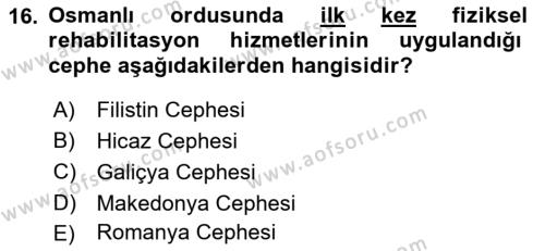 Birinci Dünya Savaşı’nda Türk Cepheleri Dersi 2022 - 2023 Yılı Yaz Okulu Sınavı 16. Soru