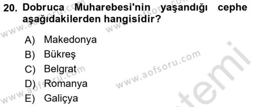 Birinci Dünya Savaşı’nda Türk Cepheleri Dersi 2022 - 2023 Yılı Yaz Okulu Sınavı 20. Soru