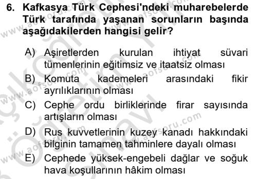 Birinci Dünya Savaşı’nda Türk Cepheleri Dersi 2022 - 2023 Yılı Yaz Okulu Sınavı 6. Soru