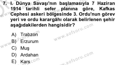 Birinci Dünya Savaşı’nda Türk Cepheleri Dersi 2022 - 2023 Yılı Yaz Okulu Sınavı 7. Soru