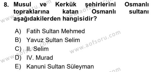 Birinci Dünya Savaşı’nda Türk Cepheleri Dersi 2022 - 2023 Yılı Yaz Okulu Sınavı 8. Soru