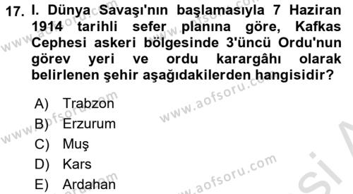 Birinci Dünya Savaşı’nda Türk Cepheleri Dersi 2023 - 2024 Yılı (Vize) Ara Sınavı 17. Soru