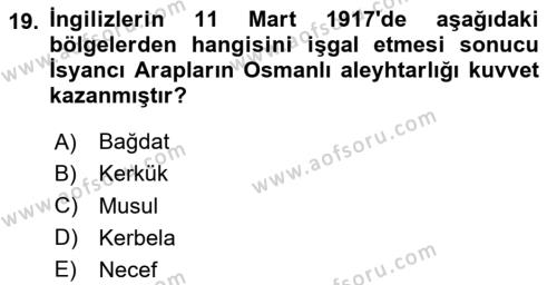 Birinci Dünya Savaşı’nda Türk Cepheleri Dersi 2023 - 2024 Yılı (Vize) Ara Sınavı 19. Soru