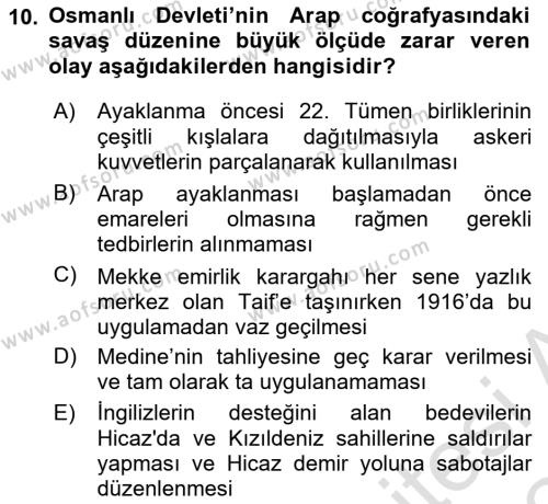 Birinci Dünya Savaşı’nda Türk Cepheleri Dersi 2023 - 2024 Yılı (Final) Dönem Sonu Sınavı 10. Soru