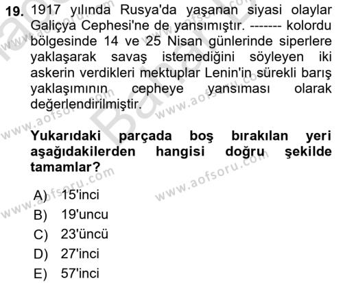 Birinci Dünya Savaşı’nda Türk Cepheleri Dersi 2023 - 2024 Yılı (Final) Dönem Sonu Sınavı 19. Soru