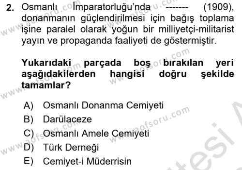 Birinci Dünya Savaşı’nda Türk Cepheleri Dersi 2023 - 2024 Yılı (Final) Dönem Sonu Sınavı 2. Soru