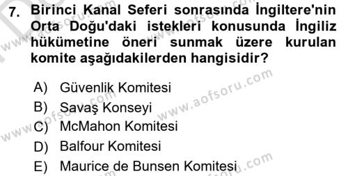 Birinci Dünya Savaşı’nda Türk Cepheleri Dersi 2023 - 2024 Yılı (Final) Dönem Sonu Sınavı 7. Soru