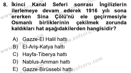 Birinci Dünya Savaşı’nda Türk Cepheleri Dersi 2023 - 2024 Yılı (Final) Dönem Sonu Sınavı 8. Soru