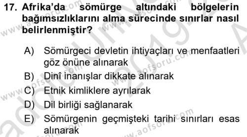 Sömürgecilik Tarihi (Avrupa-Amerika) Dersi 2019 - 2020 Yılı (Vize) Ara Sınavı 17. Soru