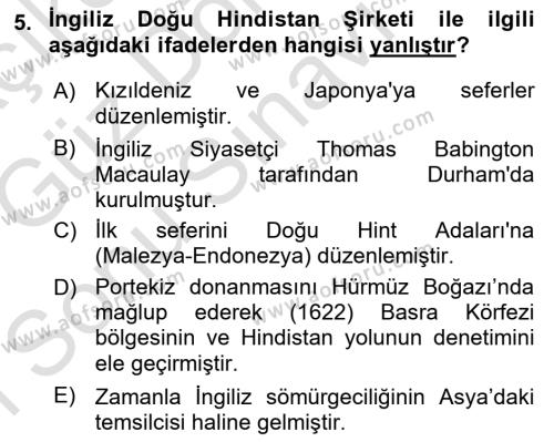 Sömürgecilik Tarihi (Avrupa-Amerika) Dersi 2019 - 2020 Yılı (Final) Dönem Sonu Sınavı 5. Soru