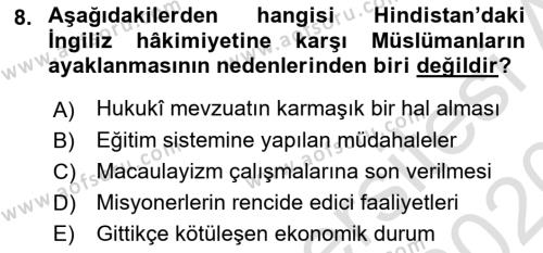 Sömürgecilik Tarihi (Avrupa-Amerika) Dersi 2019 - 2020 Yılı (Final) Dönem Sonu Sınavı 8. Soru