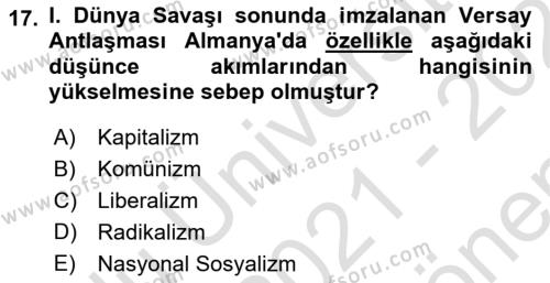 Sömürgecilik Tarihi (Avrupa-Amerika) Dersi 2021 - 2022 Yılı (Final) Dönem Sonu Sınavı 17. Soru