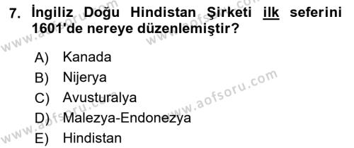 Sömürgecilik Tarihi (Avrupa-Amerika) Dersi 2021 - 2022 Yılı (Final) Dönem Sonu Sınavı 7. Soru