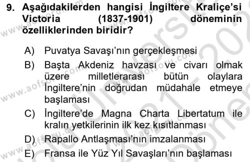 Sömürgecilik Tarihi (Avrupa-Amerika) Dersi 2021 - 2022 Yılı (Final) Dönem Sonu Sınavı 9. Soru