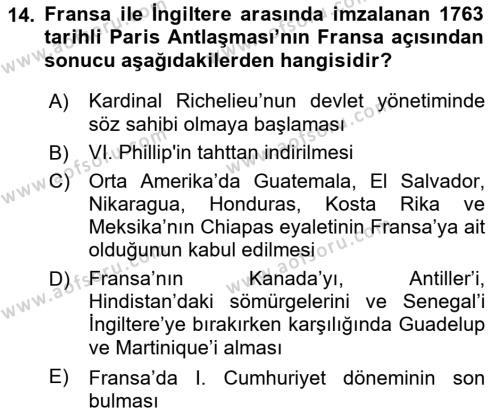 Sömürgecilik Tarihi (Avrupa-Amerika) Dersi 2022 - 2023 Yılı (Vize) Ara Sınavı 14. Soru