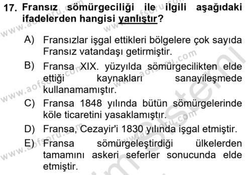 Sömürgecilik Tarihi (Avrupa-Amerika) Dersi 2022 - 2023 Yılı (Vize) Ara Sınavı 17. Soru