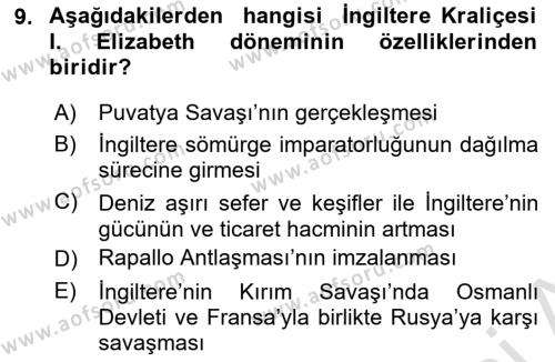 Sömürgecilik Tarihi (Avrupa-Amerika) Dersi 2022 - 2023 Yılı (Final) Dönem Sonu Sınavı 9. Soru