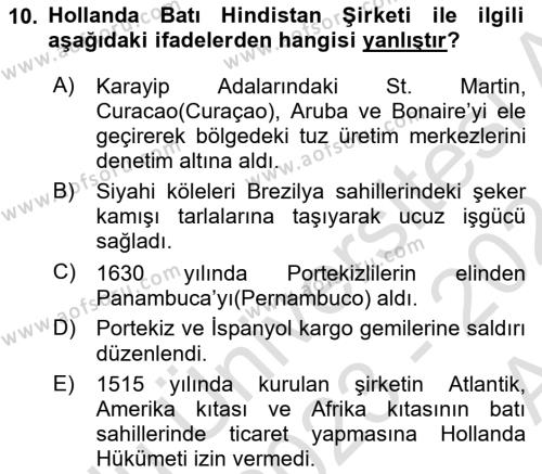 Sömürgecilik Tarihi (Avrupa-Amerika) Dersi 2023 - 2024 Yılı (Vize) Ara Sınavı 10. Soru