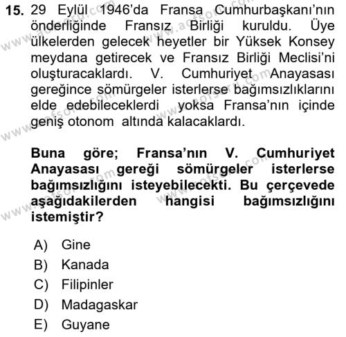 Sömürgecilik Tarihi (Avrupa-Amerika) Dersi 2023 - 2024 Yılı (Vize) Ara Sınavı 15. Soru