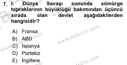 Sömürgecilik Tarihi (Avrupa-Amerika) Dersi 2023 - 2024 Yılı (Vize) Ara Sınavı 7. Soru