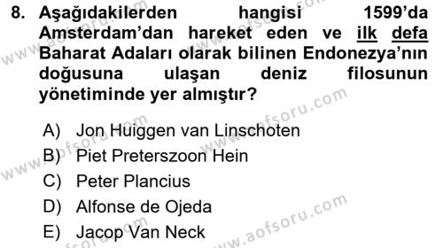 Sömürgecilik Tarihi (Avrupa-Amerika) Dersi 2023 - 2024 Yılı (Vize) Ara Sınavı 8. Soru