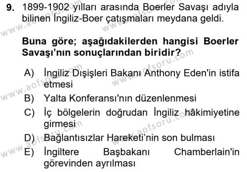 Sömürgecilik Tarihi (Avrupa-Amerika) Dersi 2023 - 2024 Yılı (Vize) Ara Sınavı 9. Soru