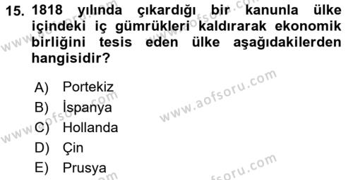 Sömürgecilik Tarihi (Avrupa-Amerika) Dersi 2023 - 2024 Yılı (Final) Dönem Sonu Sınavı 15. Soru