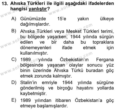 Çağdaş Türk Dünyası Dersi 2019 - 2020 Yılı (Vize) Ara Sınavı 13. Soru