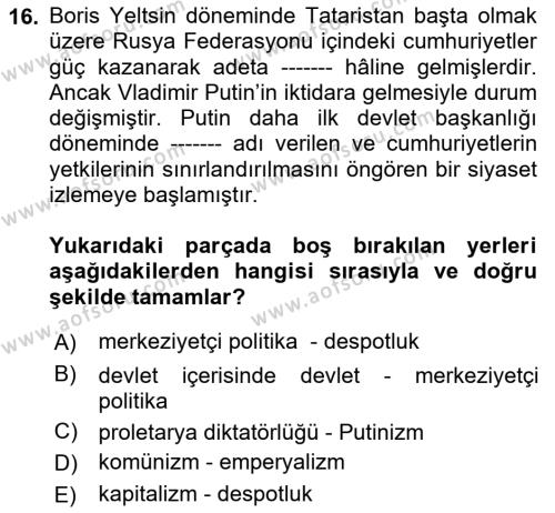 Çağdaş Türk Dünyası Dersi 2021 - 2022 Yılı (Final) Dönem Sonu Sınavı 16. Soru