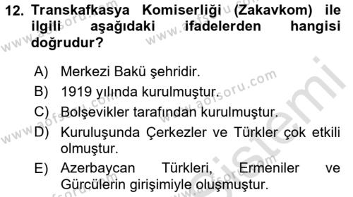Çağdaş Türk Dünyası Dersi 2022 - 2023 Yılı (Vize) Ara Sınavı 12. Soru