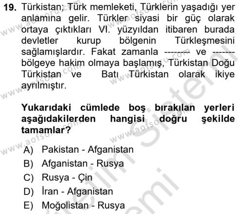 Çağdaş Türk Dünyası Dersi 2022 - 2023 Yılı (Vize) Ara Sınavı 19. Soru