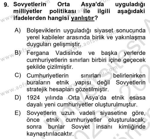 Çağdaş Türk Dünyası Dersi 2023 - 2024 Yılı (Final) Dönem Sonu Sınavı 9. Soru