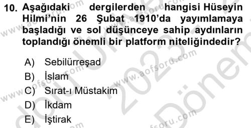 Türk Düşünce Tarihi Dersi 2023 - 2024 Yılı (Final) Dönem Sonu Sınavı 10. Soru