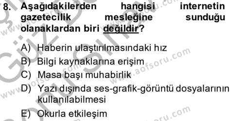 Türk Basın Tarihi Dersi 2014 - 2015 Yılı (Final) Dönem Sonu Sınavı 8. Soru